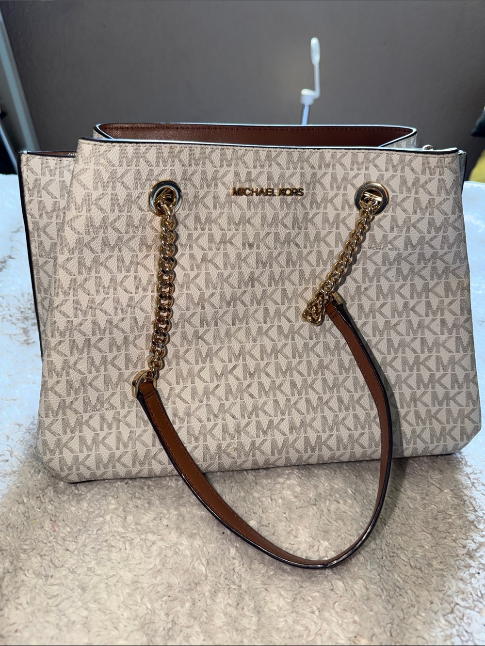 Authentic Michael Kors Beige/Acorn Logo Chain-Handle Tote